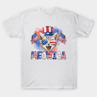 Meowica Cat American Flag Sunglusses 4th of July Men Women T-Shirt